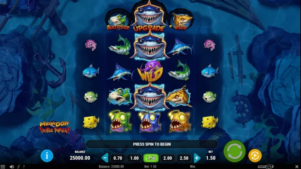 Tampilan visual slot Megadon Triple Threat dengan hiu predator dan latar belakang laut dalam.