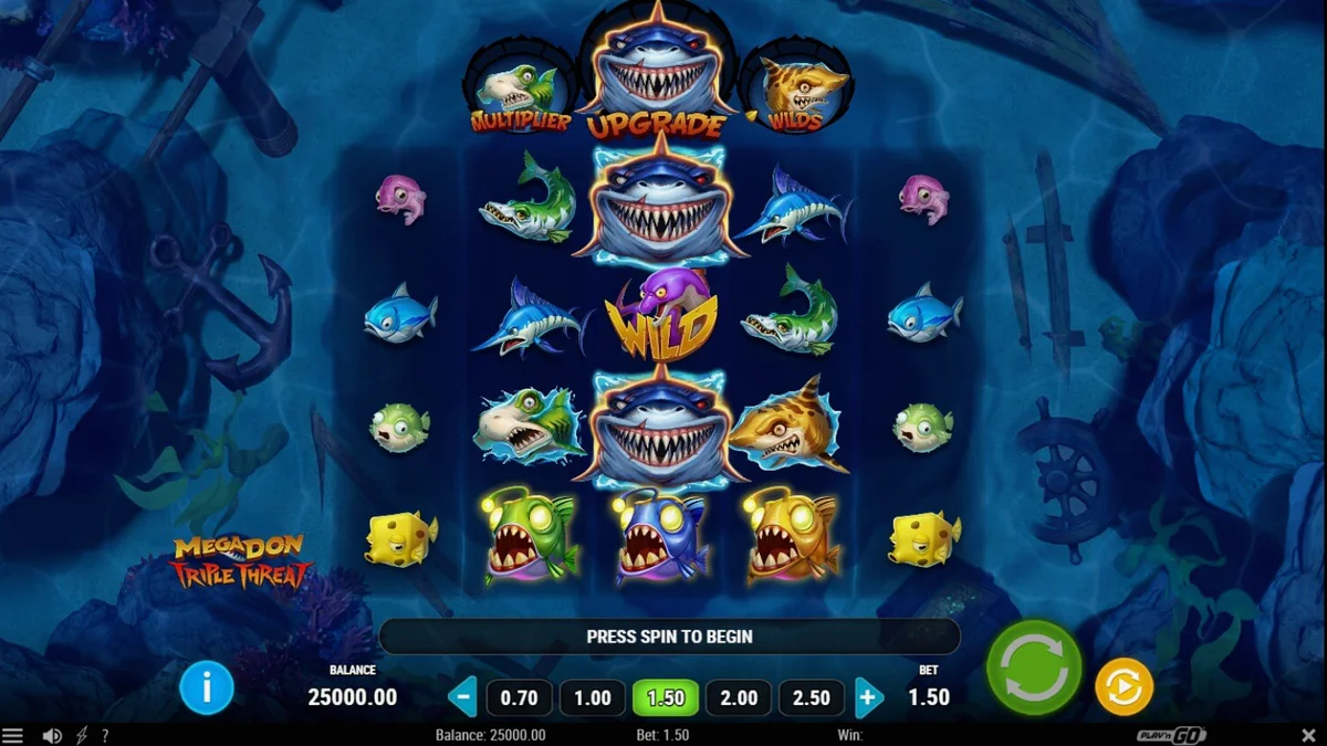 Tampilan visual slot Megadon Triple Threat dengan hiu predator dan latar belakang laut dalam.