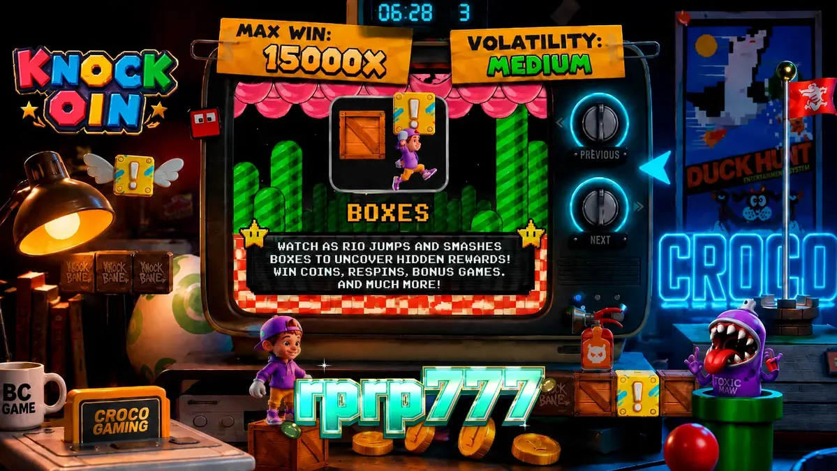 Tampilan visual retro slot KNOCKOIN dengan karakter Rio di lingkungan 8-bit
